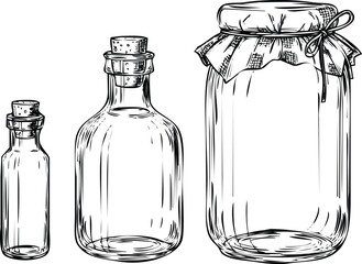 Three glass bottles and jars hand drawn sketch line art vector Engraving Art Design