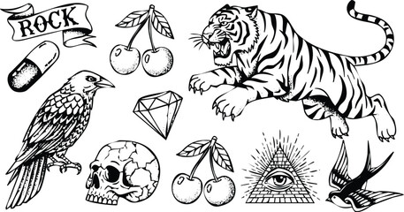 Bold tattoo flash sheet features tiger raven skull cherries and diamond vector Engraving Art Design