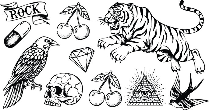 Bold tattoo flash sheet features tiger raven skull cherries and diamond vector Engraving Art Design