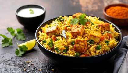 A flavorful Indian dish in a bowl with tofu and vegetables