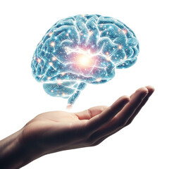 Glowing brain illustration held in a hand isolated on transparent background