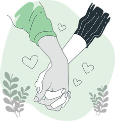 Diverse couple holding hands with hearts and plants illustration love romance