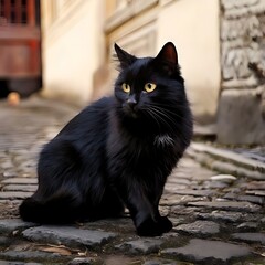 A fluffy black cat with yellow eyes sits on a cobblestone street