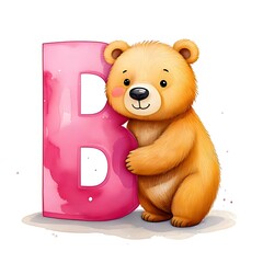 A fluffy, brown bear embraces a large pink letter "B" in a watercolor style
