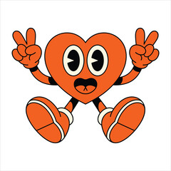 Orange cartoon heart character with big eyes and shoes making peace signs anthropomorphic