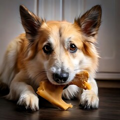 A fluffy canine, chewing on a meaty bone inside a home