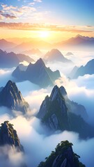 Majestic Mountain Peaks Emerging from a Sea of Clouds at Sunrise.