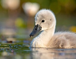A fluffy cygnet floats peacefully on the water?s surface