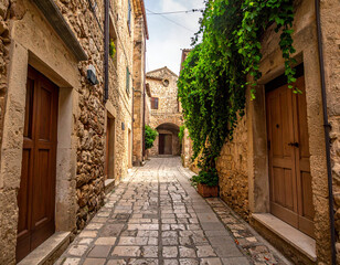 Narrow stone alleyway in a charming historic European town with ivy-covered walls.