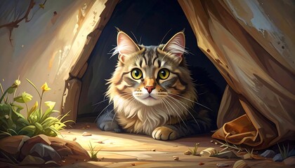 A fluffy feline nestled in a makeshift shelter, bathed in warm light