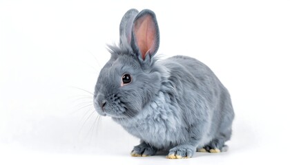 A fluffy, grey rabbit against a pristine white background