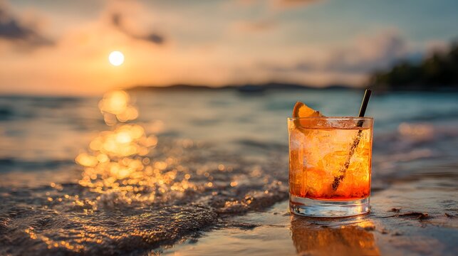 Refreshing drink on beach at golden hour with ocean waves.