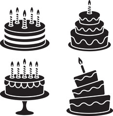 Black and white birthday cake silhouette set