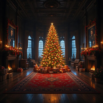 Magnificent christmas tree illuminated in a grand hallway with presents
