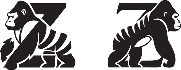 Stylized Gorilla Letter Z Negative Space Black White Mascot