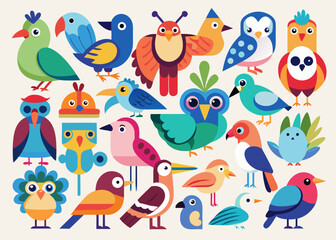 Colorful collection of cartoon birds in various shapes and sizes on light background
