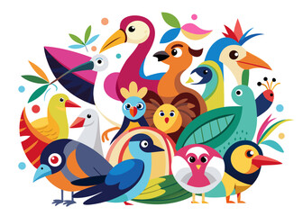 Fototapeta premium Colorful and diverse group of birds in a vibrant illustration against white background