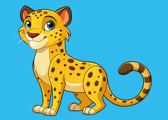 Cartoon cheetah standing alert with a friendly expression on a blue background