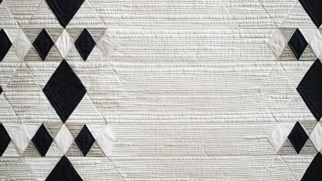 Textile with a geometric diamond pattern in black and white, featuring linear quilting