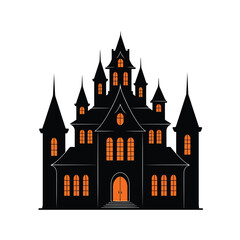 Fototapeta premium Vector illustration of spooky black haunted house with orange windows