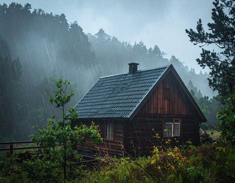 A cozy wooden cabin stands quietly amidst lush green hills, surrounded by mist and gentle rain. The dark forest in the background fades into the fog, creating a peaceful and mysterious mountain.