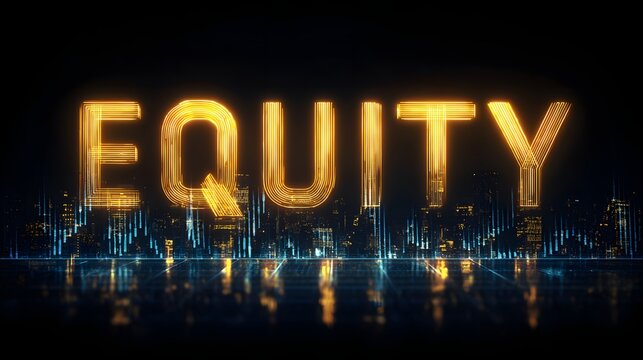 Golden word EQUITY shines above glowing cityscape at night.