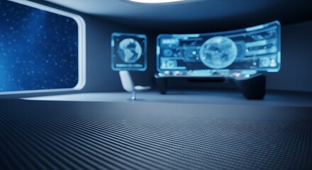 Futuristic control room interior with digital screens displaying global data a modern space for technology and information analysi