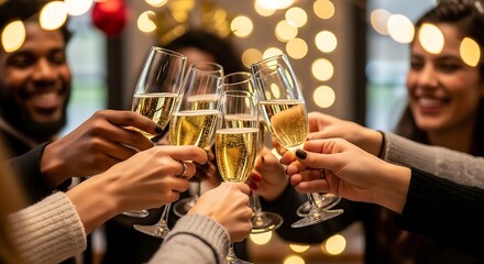 Diverse group toasting champagne glasses at a party celebrating a special occasion with bokeh lights in the background
