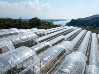 aerial view greenhouse on mountain