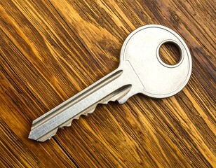 Metal key on a wooden surface