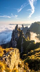 Majestic Mountain Peaks Emerging from a Sea of Clouds.