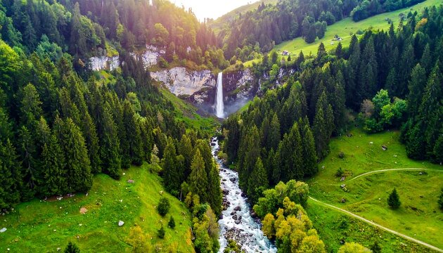 Aerial view of a majestic waterfall cascading through a lush green valley