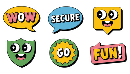 Six cartoon speech bubbles with words and faces W O W S E C U R E G O F U N comic text