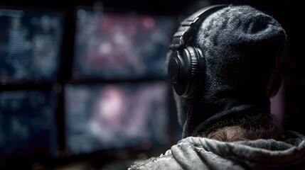 A person wearing headphones and a hood gazes intensely at multiple computer monitors displaying complex data streams in a dark environment