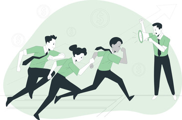 Business team running towards success with leader motivating them with megaphone and rising arrow graph Keywords: business, team, success, running, people, teamwork, motivation, leadership, goal