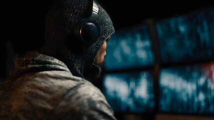 Person wearing headphones focused on multiple glowing screens displaying digital data in a dark room