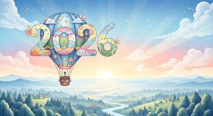 Pastel 2026 hot air balloon illustration a whimsical design for new year celebrations set against a serene landscape background