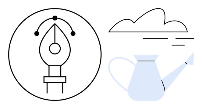Pen tool symbol in circle next to watering can and cloud, representing creativity, growth, and inspiration. Ideal for design, innovation, brainstorming, motivation, cultivation progress education - Powered by Adobe