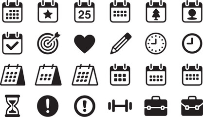 Calendar flat icons. Vector illustration include icon - hourglass, deadline, timetable, deadline, agenda, sandglass glyph silhouette pictogram for syllabus schedule