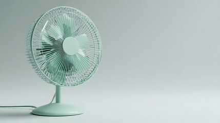 Pastel green desk fan on a white surface with gray background.