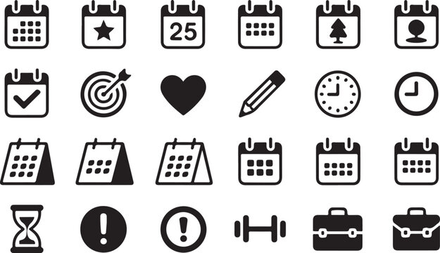 Calendar flat icons. Vector illustration include icon - hourglass, deadline, timetable, deadline, agenda, sandglass glyph silhouette pictogram for syllabus schedule