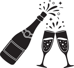 Champagne, or wine icon. Black silhouette of a champagne bottle and a glass. Iconography. Vector