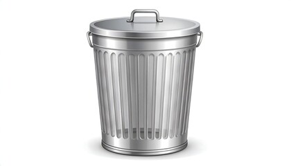 Metallic trash can, lidded, and ribbed