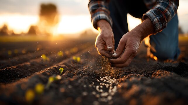 Farmer sows seeds in soil at sunset, fostering new growth.