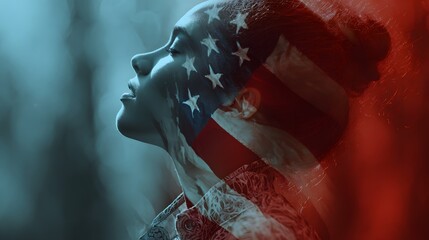 Woman's profile merges with flag imagery, conveying patriotism and pride.