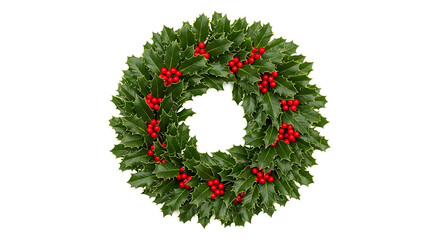 Green holly wreath with red berries on white background
