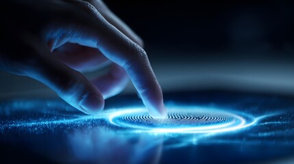 Fingerprint scanning activates glowing digital interface with futuristic glow.