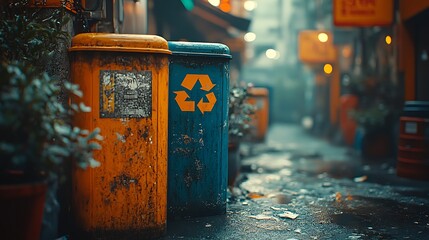 Alleyway Trash Cans with Recycling Symbol.
