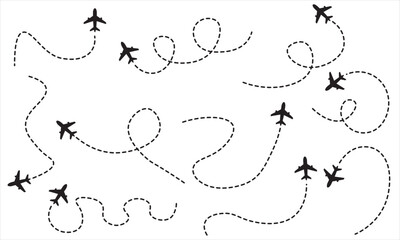 Airplane Dotted Path Trails: Flight Route and Travel Line Icons Set