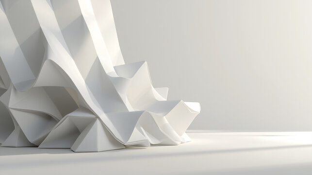 Abstract white geometric sculpture with sharp folds and angles, creating a dynamic and textured form against a minimalist background.